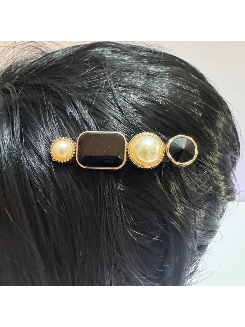 Black & Gold Hair Clip With Faux Pearls & Black Stones Womens Hair Accessory - N